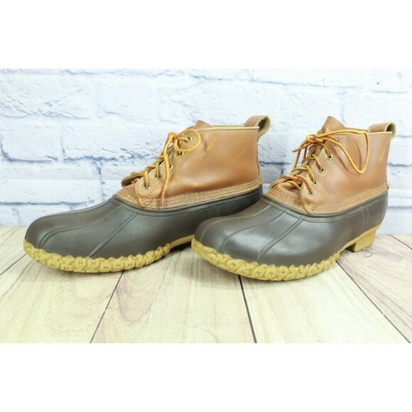 LL Bean Brown Leather Ankle Duck Boots Lace Up Unlined Size 13 M - Picture 2 of 9
